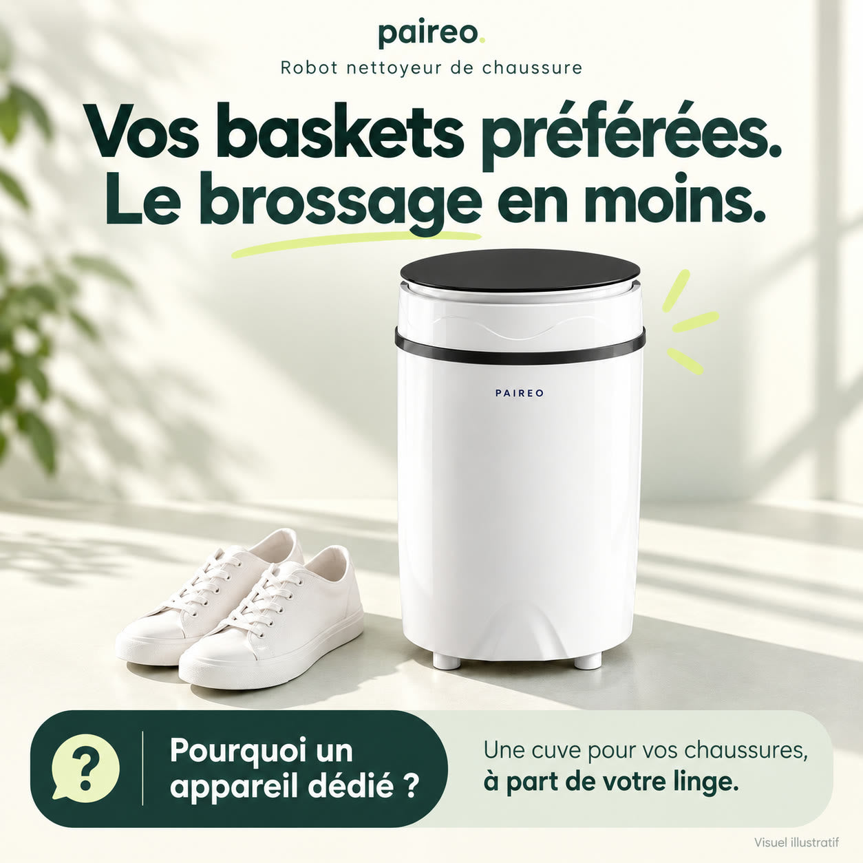 Visuel illustratif. Robot blanc et noir avec une paire de baskets en toile.