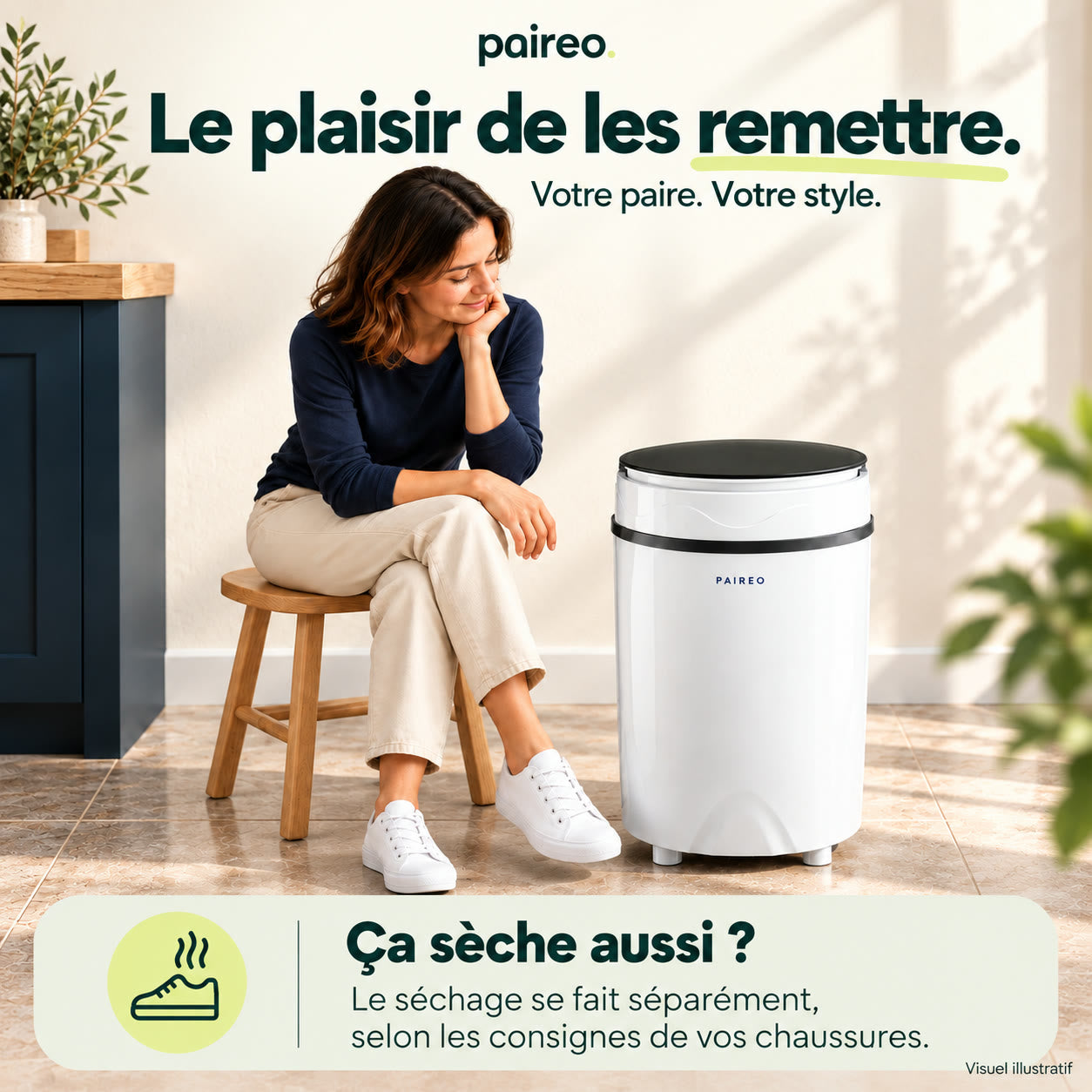 Visuel illustratif. Scène de quotidien avec une femme en baskets et le robot fermé.