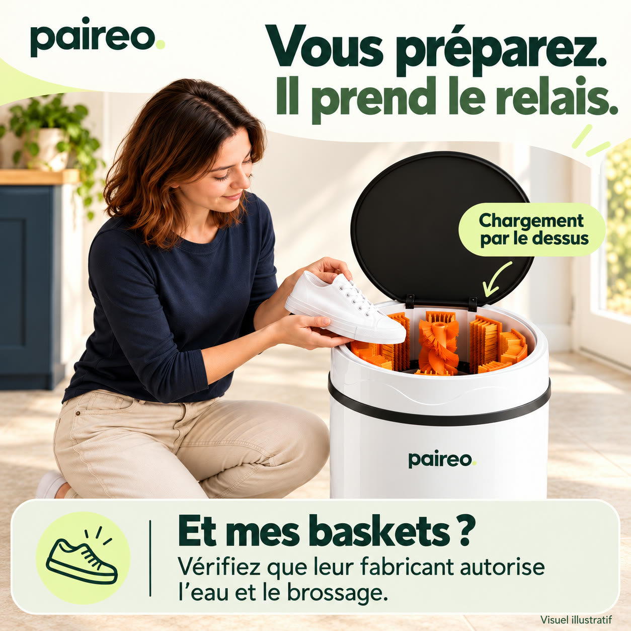 Visuel illustratif. Une femme prépare une chaussure devant la cuve ouverte.